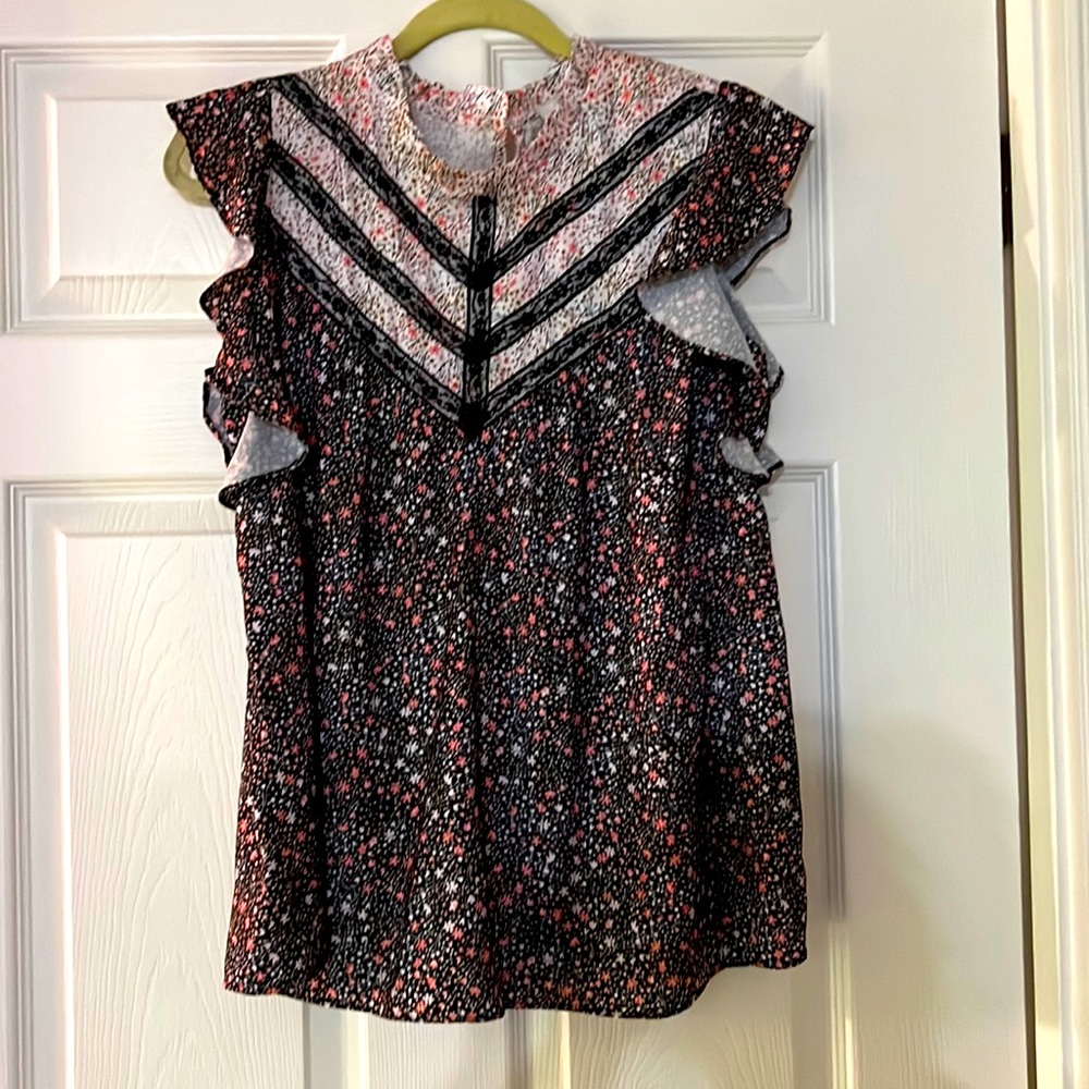 NWT H By Halston pink black floral print ruffle sleeve dress top M